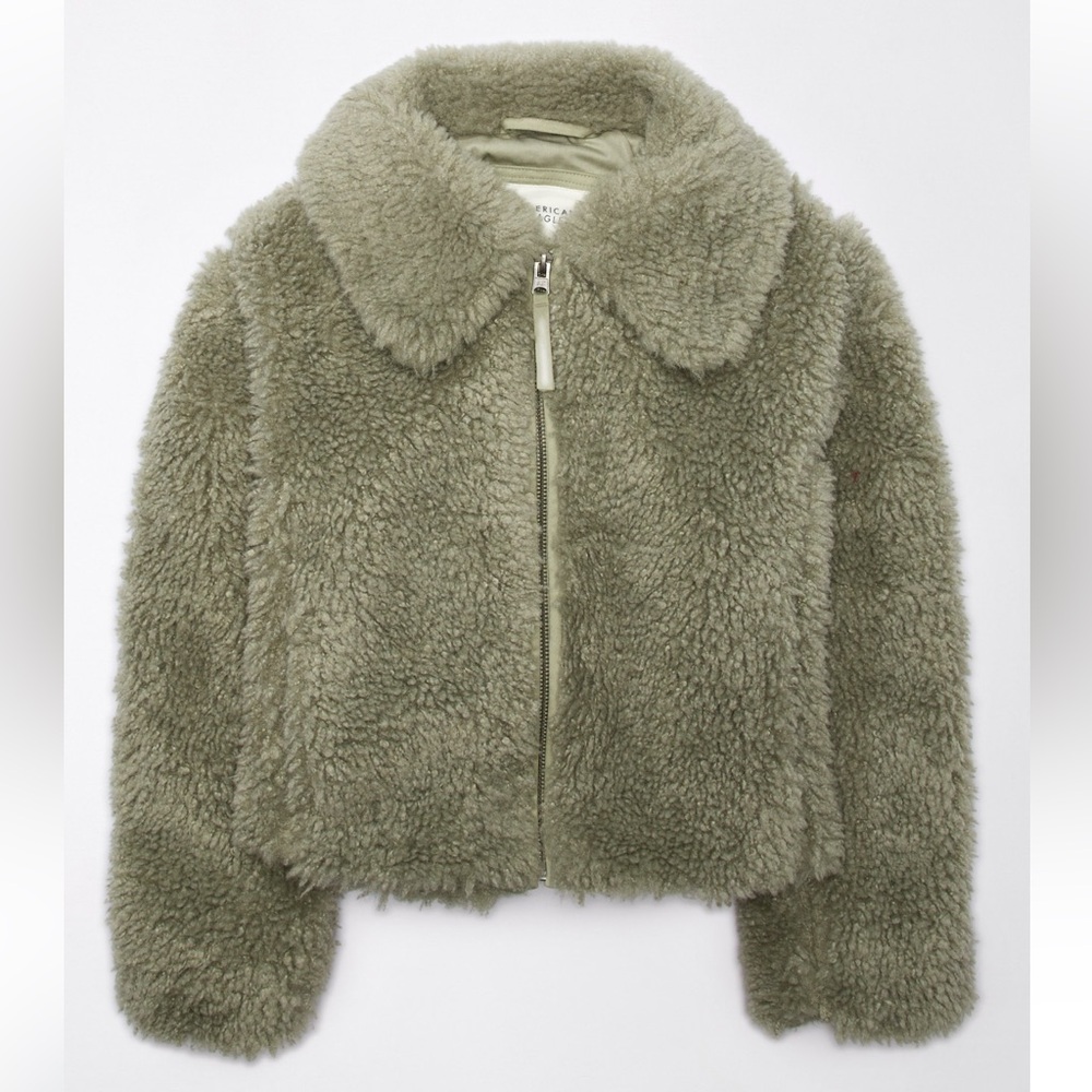 American eagle sherpa teddy bear Cozy Olive Green Faux Fur Jacket